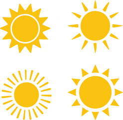Four stylized yellow sun icons with different ray designs on white background