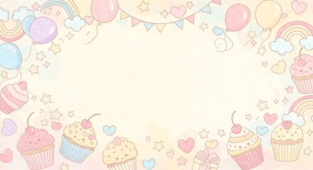 Sweet pink  invitation card with a cupcakes , star, ballon elements illustration