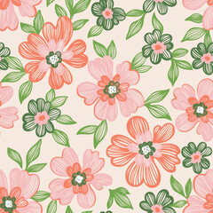Seamless floral print. Cute garden flowers and leaves  pattern.
