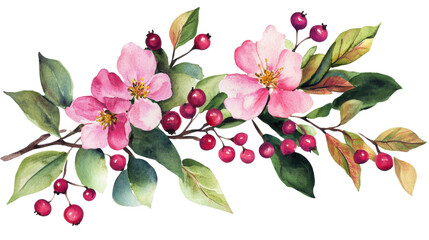 Fototapeta premium watercolor floral bouquet featuring pink flowers and red fruits on white background