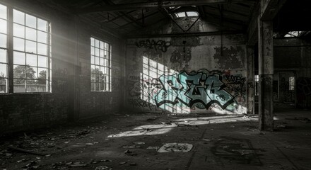 Sunlit abandoned factory interior