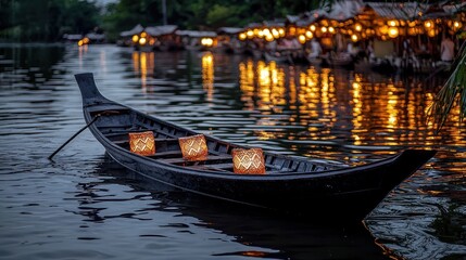 Fototapeta premium Serene lantern boat festival on the river cultural evening enchanting water reflections traditional lifestyle