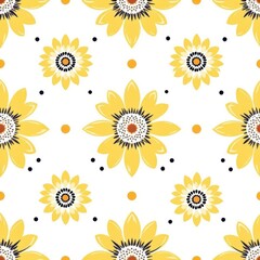 Floral Rhapsody: An artistic rendering of sunflowers, meticulously arranged in a symmetrical pattern, forming a visually captivating repeating design. The artwork exudes a sense of natural beauty.
