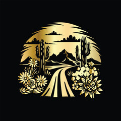 Wedding invitation card design. Couple in desert landscape. Silhouette of a man and a woman on the background of mountains and cactuses. Vector illustration.