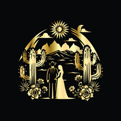 Wedding invitation card design. Couple in desert landscape. Silhouette of a man and a woman on the background of mountains and cactuses. Vector illustration.