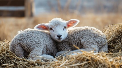 Naklejka premium Two tender lambs nestled together in a sun-drenched hay cradle