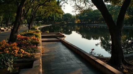 Fototapeta premium Tranquil morning stroll along the lakeside path urban park scenic view natural beauty serene atmosphere