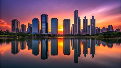 Fototapeta premium Modern city skyline reflected in water during a vibrant sunset