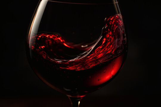 Elegant Red Wine Swirl in Glass on Black Background, Macro Wine Photography