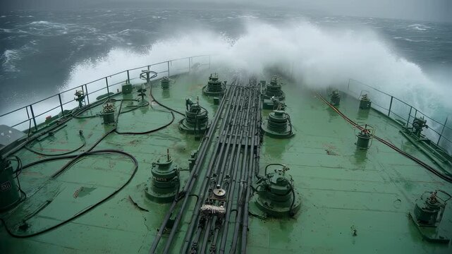 An image of the urea storage tank on a ships deck featuring a safety spill containment tray with hoses and fittings securely connected set against a backdrop of rugged maritime weather