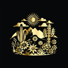 Wedding invitation card design. Couple in desert landscape. Silhouette of a man and a woman on the background of mountains and cactuses. Vector illustration.