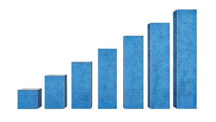 Ascending blue bar graph showing growth and positive trend line on transparent background