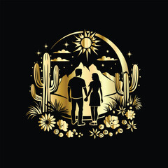 Wedding invitation card design. Couple in desert landscape. Silhouette of a man and a woman on the background of mountains and cactuses. Vector illustration.