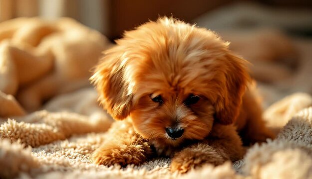 Adorable Toy Poodle Puppy Relaxing on a Cozy Blanket