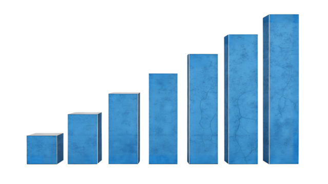 Ascending blue bar graph showing growth and positive trend line on transparent background