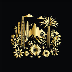 Wedding invitation card design. Couple in desert landscape. Silhouette of a man and a woman on the background of mountains and cactuses. Vector illustration.