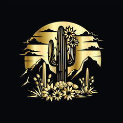 Wedding invitation card design. Couple in desert landscape. Silhouette of a man and a woman on the background of mountains and cactuses. Vector illustration.