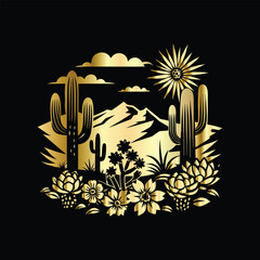 Wedding invitation card design. Couple in desert landscape. Silhouette of a man and a woman on the background of mountains and cactuses. Vector illustration.