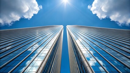 Two modern glass skyscrapers reaching towards a bright sunny sky with clouds
