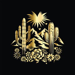 Wedding invitation card design. Couple in desert landscape. Silhouette of a man and a woman on the background of mountains and cactuses. Vector illustration.