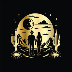 Wedding invitation card design. Couple in desert landscape. Silhouette of a man and a woman on the background of mountains and cactuses. Vector illustration.
