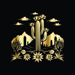 Wedding invitation card design. Couple in desert landscape. Silhouette of a man and a woman on the background of mountains and cactuses. Vector illustration.