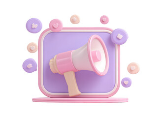 Pastel-toned digital marketing icon.  A pink megaphone sits atop a lavender square, surrounded by social media icons