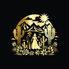 Wedding invitation card design. Couple in desert landscape. Silhouette of a man and a woman on the background of mountains and cactuses. Vector illustration.