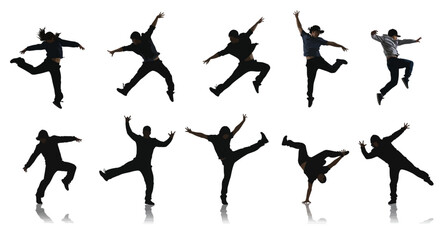 Vector art of silhouettes of dancers in dynamic poses isolated on white background