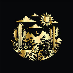 Wedding invitation card design. Couple in desert landscape. Silhouette of a man and a woman on the background of mountains and cactuses. Vector illustration.