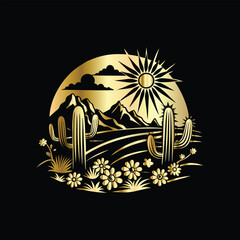 Wedding invitation card design. Couple in desert landscape. Silhouette of a man and a woman on the background of mountains and cactuses. Vector illustration.