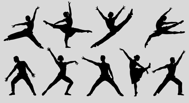 Vector art of silhouettes of dancers strike dynamic poses against a gray backdrop