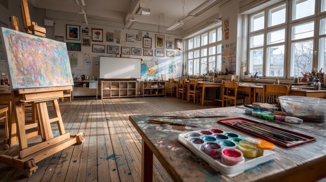 Art Classroom with Paints and Brushes in Bright Natural Light