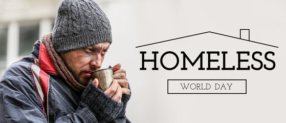 Poor homeless man with cup of hot drink outdoors on winter day