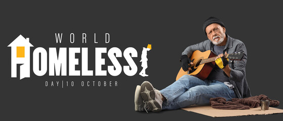 Mature homeless man playing guitar on dark background
