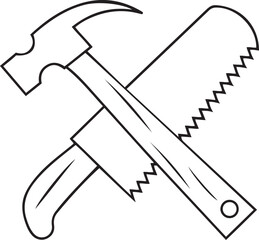 Stylish vector icon illustration of hammer and saw, hammer and saw isolated line art vector design, hammer and saw silhouette vector illustration