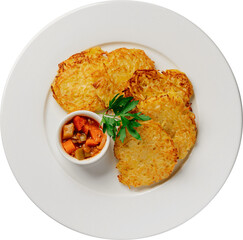 Delicious potato pancakes served with vegetable stew on a white plate, ready to eat.