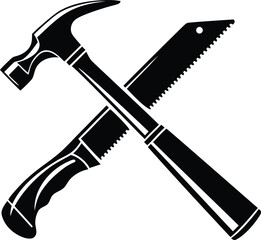 Stylish vector icon illustration of hammer and saw, hammer and saw isolated line art vector design, hammer and saw silhouette vector illustration