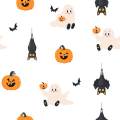 Fototapeta premium Seamless Halloween pattern with ghost, skull, pumpkin and bats.
