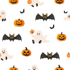 Seamless Halloween pattern with ghost, skull, pumpkin and bats.