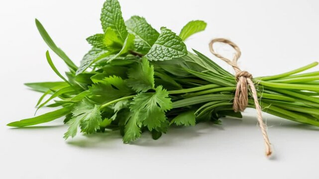 Fresh herbs bundle on white surface