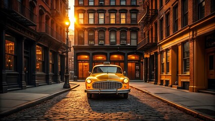 Fototapeta premium Golden hour sunlight illuminates classic yellow taxi on cobblestone street