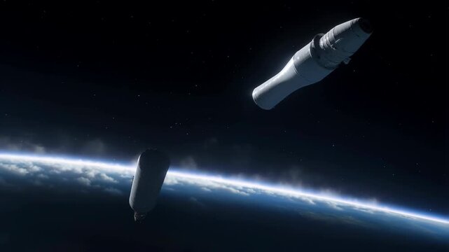 Space rocket leaving earth and releasing first stage