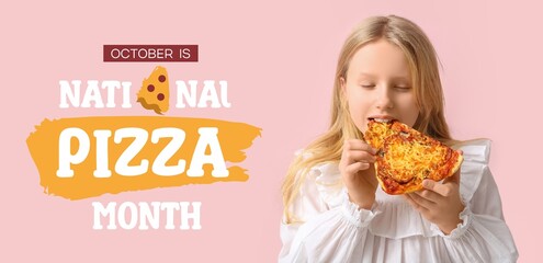Little girl eating tasty pizza on pink background. Banner for National Pizza Month