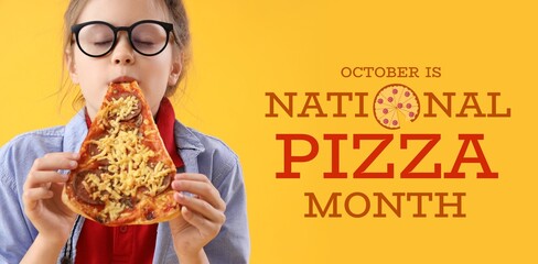 Little girl eating tasty pizza on yellow background. Banner for National Pizza Month
