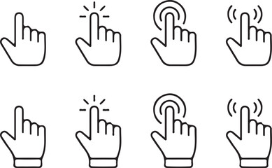 Collection of eight different hand cursor icons representing clicking and interaction on a white background