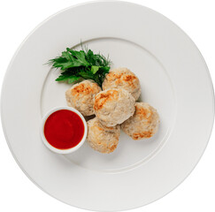 Delicious meatballs with red sauce and fresh herbs on a white plate.