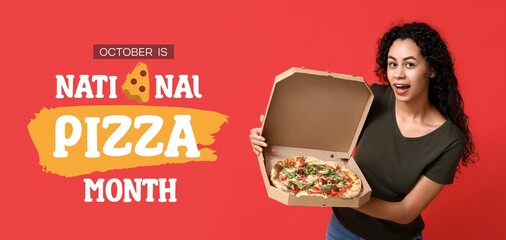 Beautiful young African-American woman with delicious pizza on red background. Banner for National Pizza Month