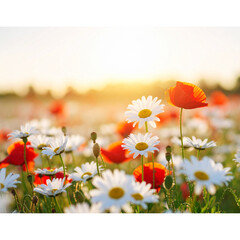 Soft Focus White Daisies and Poppies Swaying in Sunlight