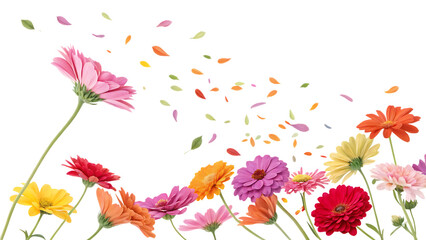 Flying colorful fresh flowers are falling in the air isolated on a white background PNG. AI GENERATED.